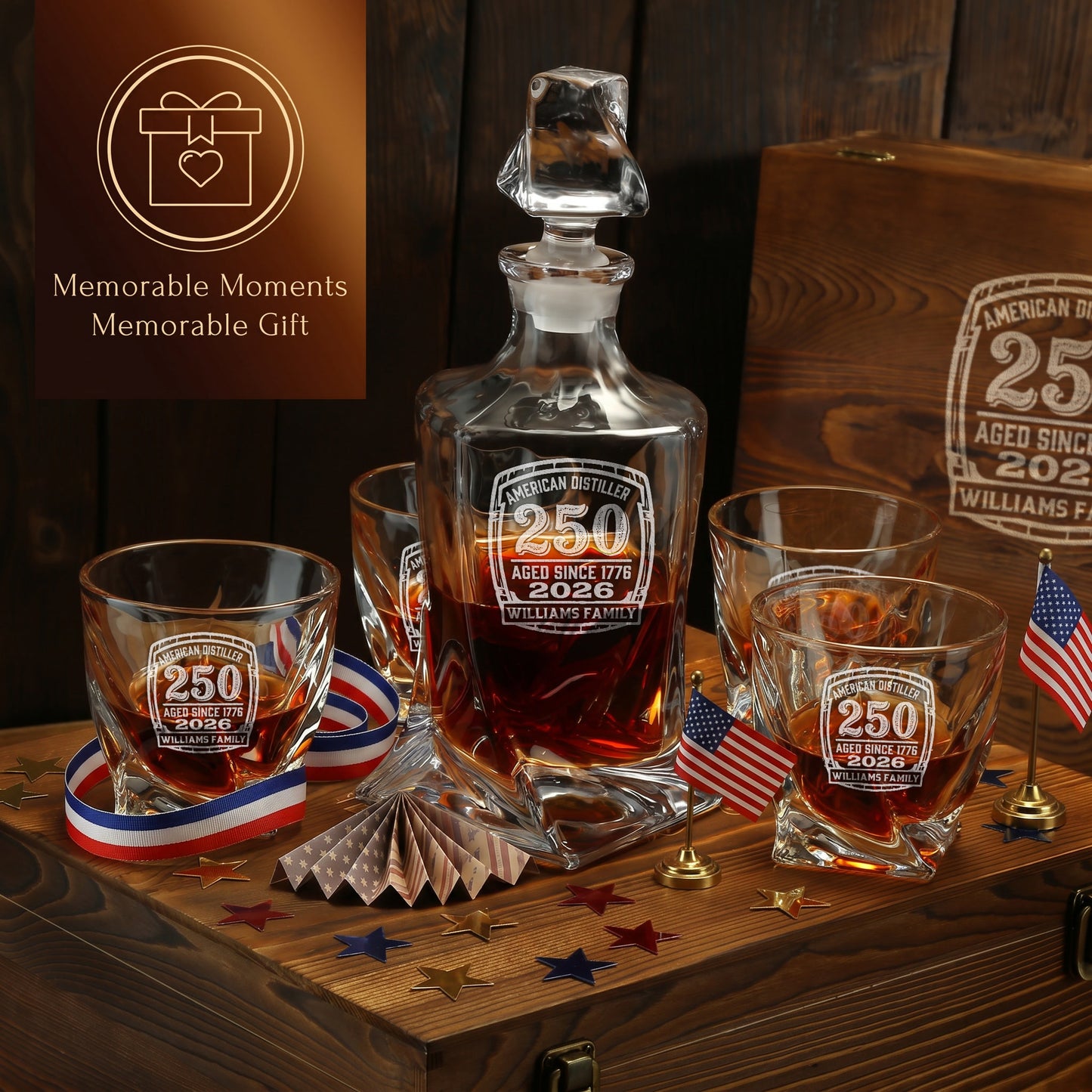 Personalized USA 250th Anniversary Twisted Frolk Whiskey Gift Set — Decanter, 4 Glasses, Premium Wooden Box product image