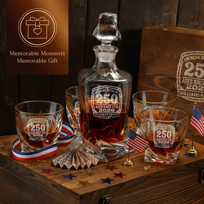 Personalized USA 250th Anniversary Twisted Frolk Whiskey Gift Set — Decanter, 4 Glasses, Premium Wooden Box