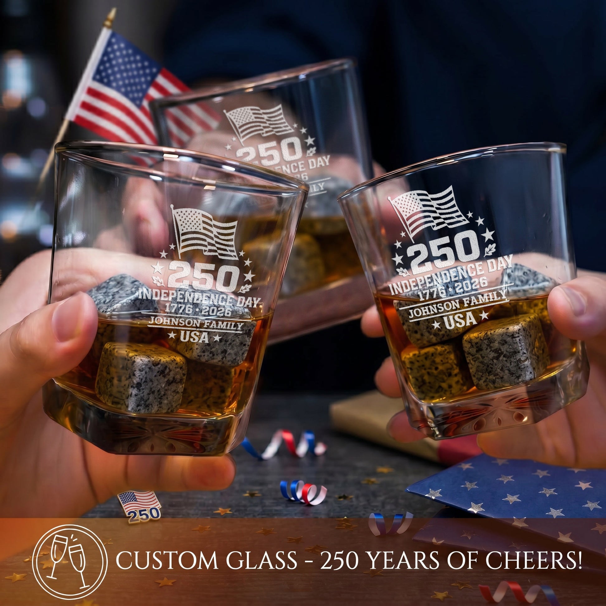 Personalized USA 250th Anniversary Classic Frolk Whiskey Gift Set — Decanter, 2 Glasses, Premium Wooden Box