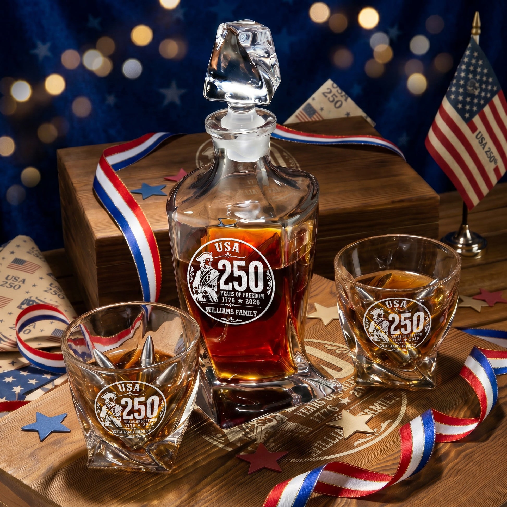 Personalized USA 250th Anniversary Twisted Frolk Whiskey Gift Set — Decanter, 2 Glasses, Premium Wooden Box