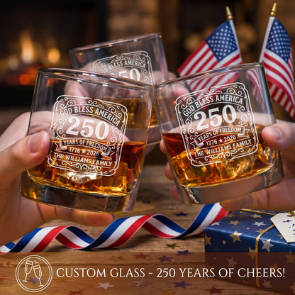 Personalized USA 250th Anniversary Old Fashioned Frolk Whiskey Gift Set — Decanter, 4 Glasses, Premium Wooden Box