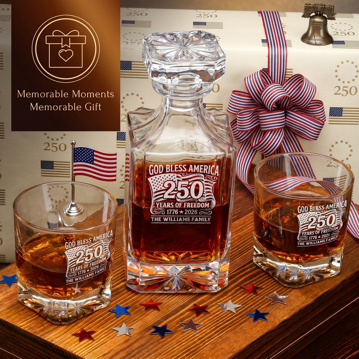 Personalized USA 250th Anniversary Classic Whiskey Decanter with Optional Matching Glasses product image