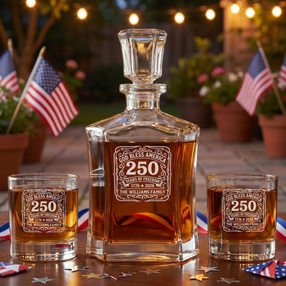 Personalized USA 250th Anniversary Old Fashioned Whiskey Decanter with Optional Matching Glasses