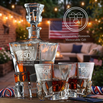 Personalized USA 250th Anniversary Stone Cut Whiskey Decanter with Optional Matching Glasses