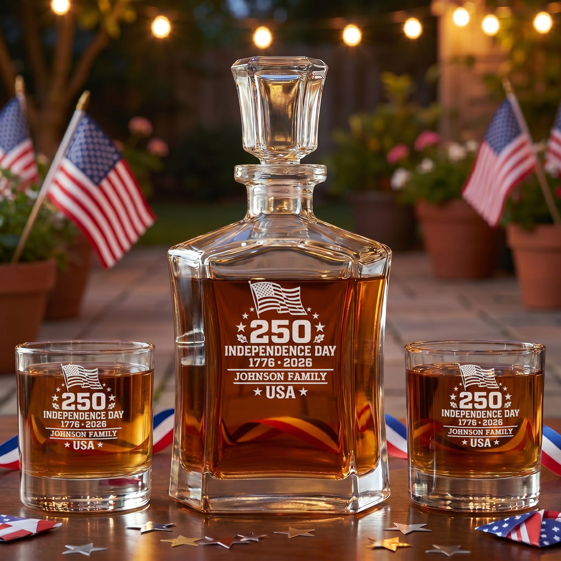 Personalized USA 250th Anniversary Old Fashioned Whiskey Glasses — Set of 1, 2, 4 or 6