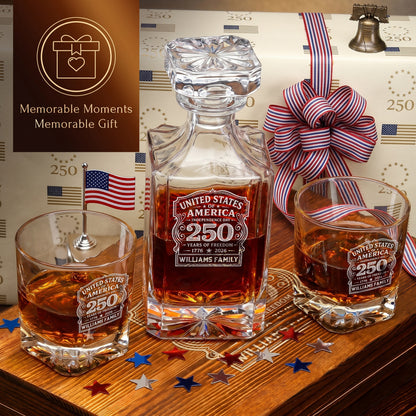 Personalized USA 250th Anniversary Classic Frolk Whiskey Gift Set — Decanter, 4 Glasses, Premium Wooden Box