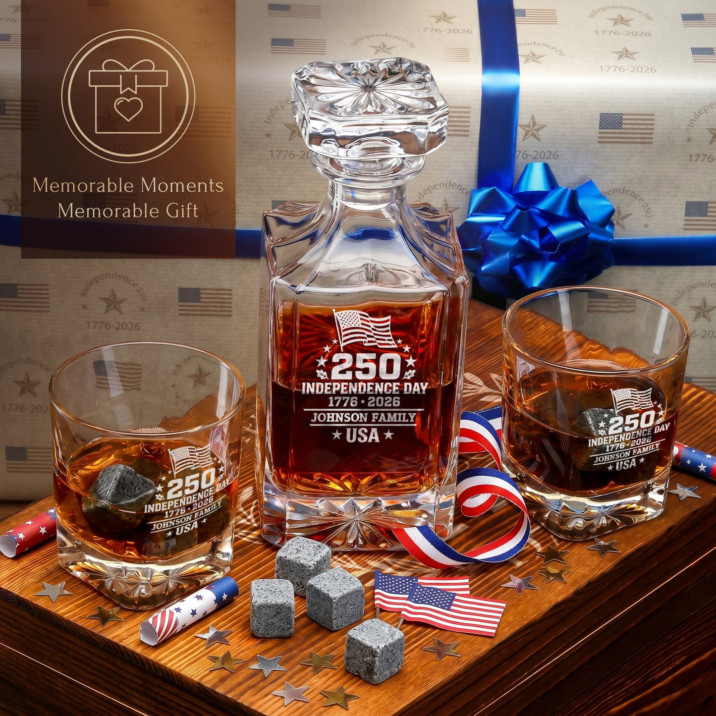Personalized USA 250th Anniversary Classic Frolk Whiskey Gift Set — Decanter, 2 Glasses, Premium Wooden Box product image
