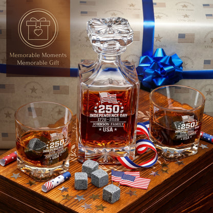 Personalized USA 250th Anniversary Classic Frolk Whiskey Gift Set — Decanter, 2 Glasses, Premium Wooden Box