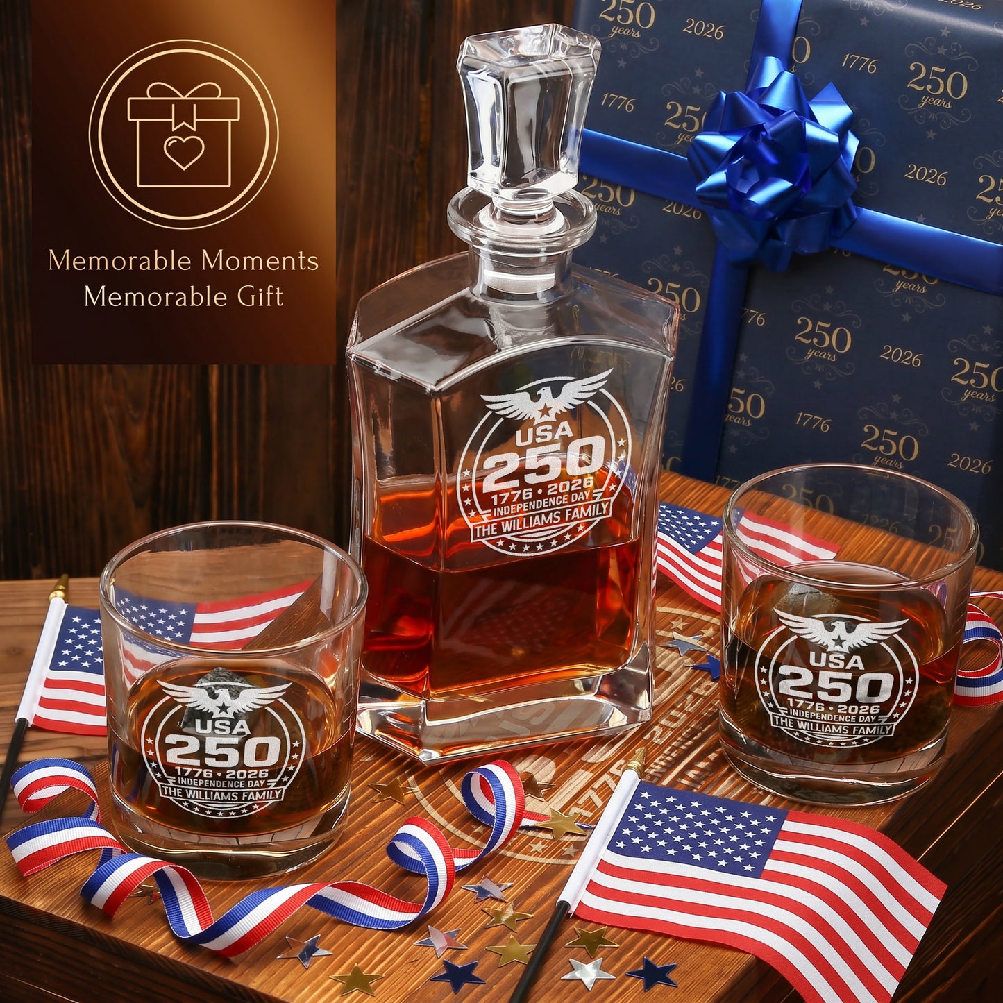 Personalized USA 250th Anniversary Old Fashioned Frolk Whiskey Gift Set — Decanter, 2 Glasses, Premium Wooden Box product image