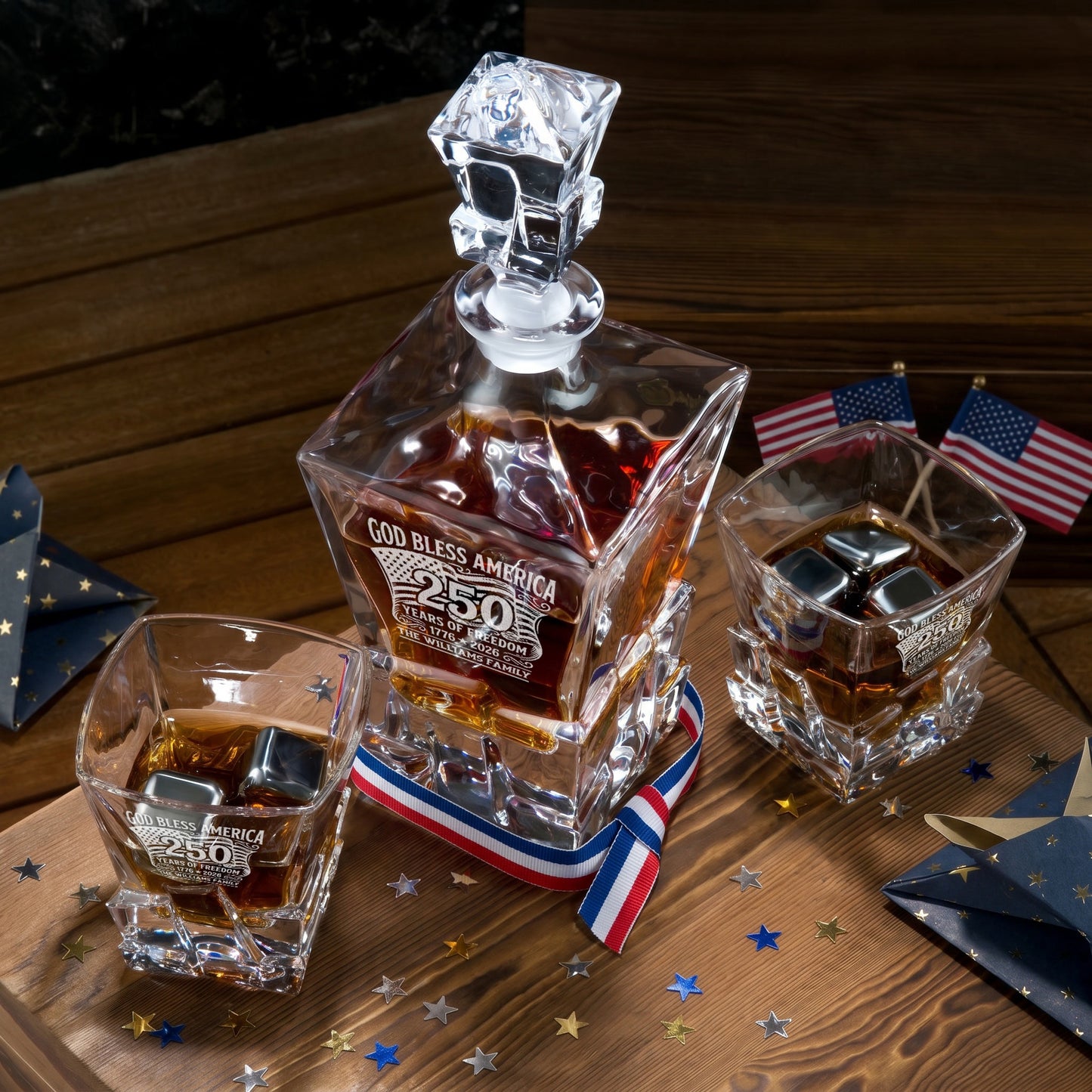 Personalized USA 250th Anniversary Stone Cut Frolk Whiskey Gift Set — Decanter, 2 Glasses, Premium Wooden Box product image