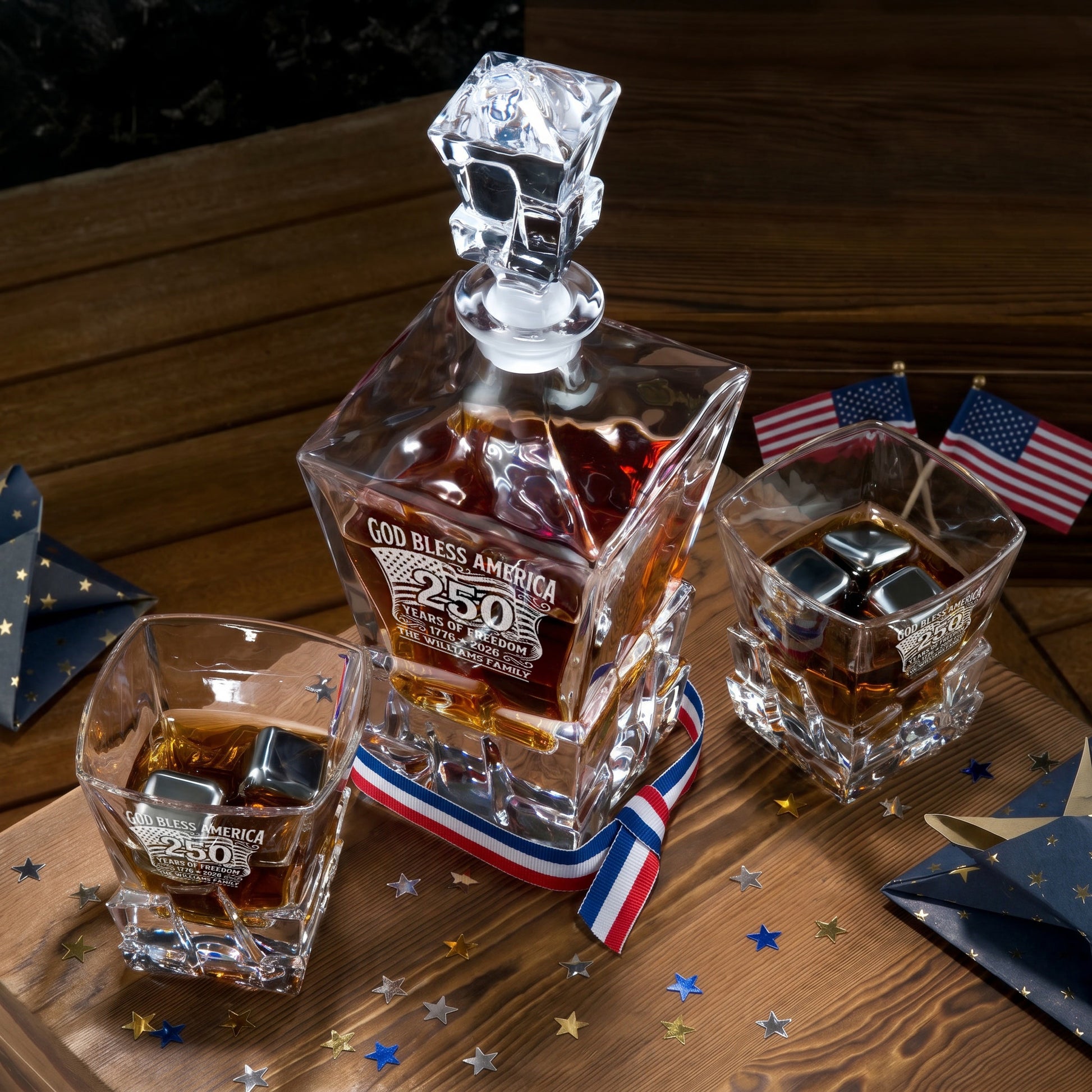 Personalized USA 250th Anniversary Stone Cut Frolk Whiskey Gift Set — Decanter, 2 Glasses, Premium Wooden Box