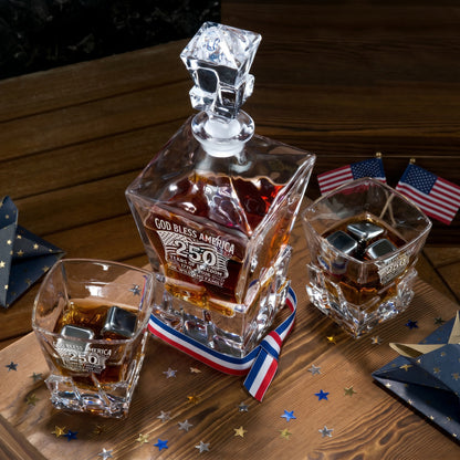 Personalized USA 250th Anniversary Stone Cut Frolk Whiskey Gift Set — Decanter, 2 Glasses, Premium Wooden Box