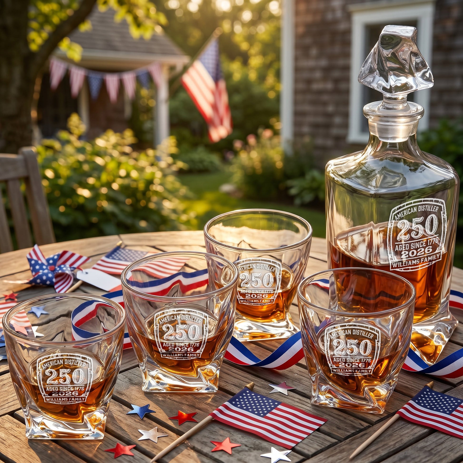 Personalized USA 250th Anniversary Twisted Frolk Whiskey Gift Set — Decanter, 4 Glasses, Premium Wooden Box