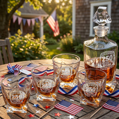 Personalized USA 250th Anniversary Twisted Frolk Whiskey Gift Set — Decanter, 4 Glasses, Premium Wooden Box