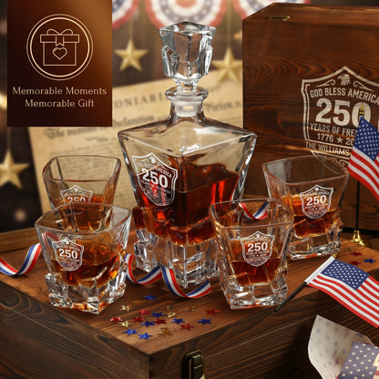 Personalized USA 250th Anniversary Stone Cut Frolk Whiskey Gift Set — Decanter, 4 Glasses, Premium Wooden Box