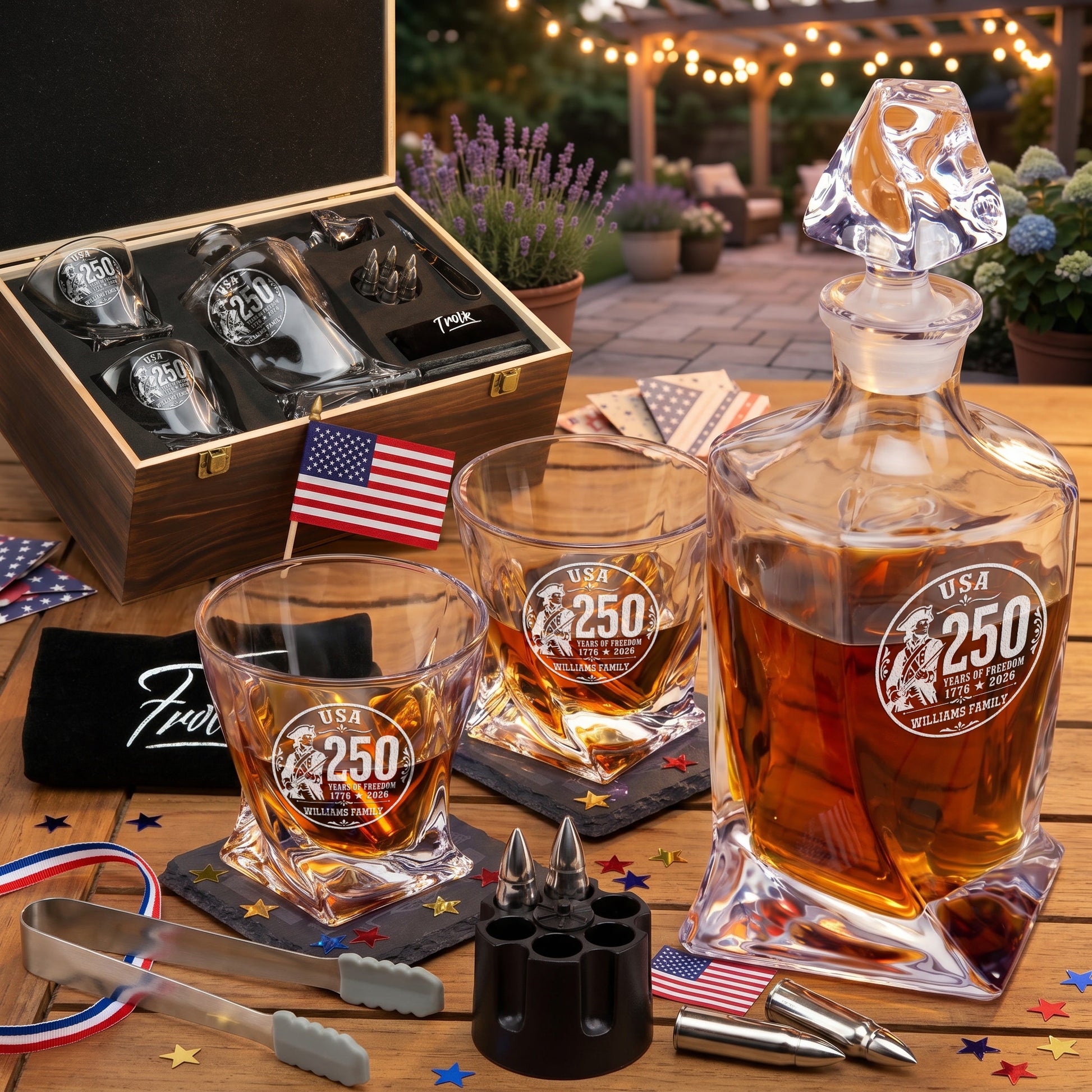 Personalized USA 250th Anniversary Twisted Frolk Whiskey Gift Set — Decanter, 2 Glasses, Premium Wooden Box