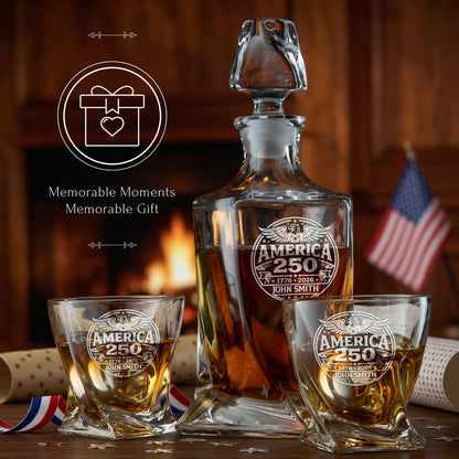 Personalized USA 250th Anniversary Twisted Frolk Whiskey Gift Set — Decanter, 2 Glasses, Premium Wooden Box