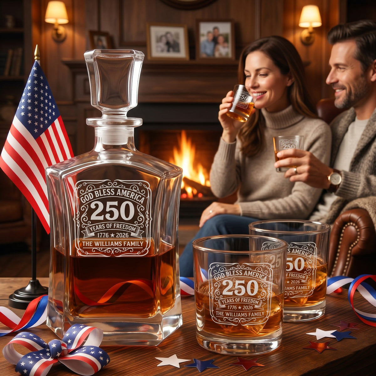 Personalized USA 250th Anniversary Old Fashioned Whiskey Decanter with Optional Matching Glasses