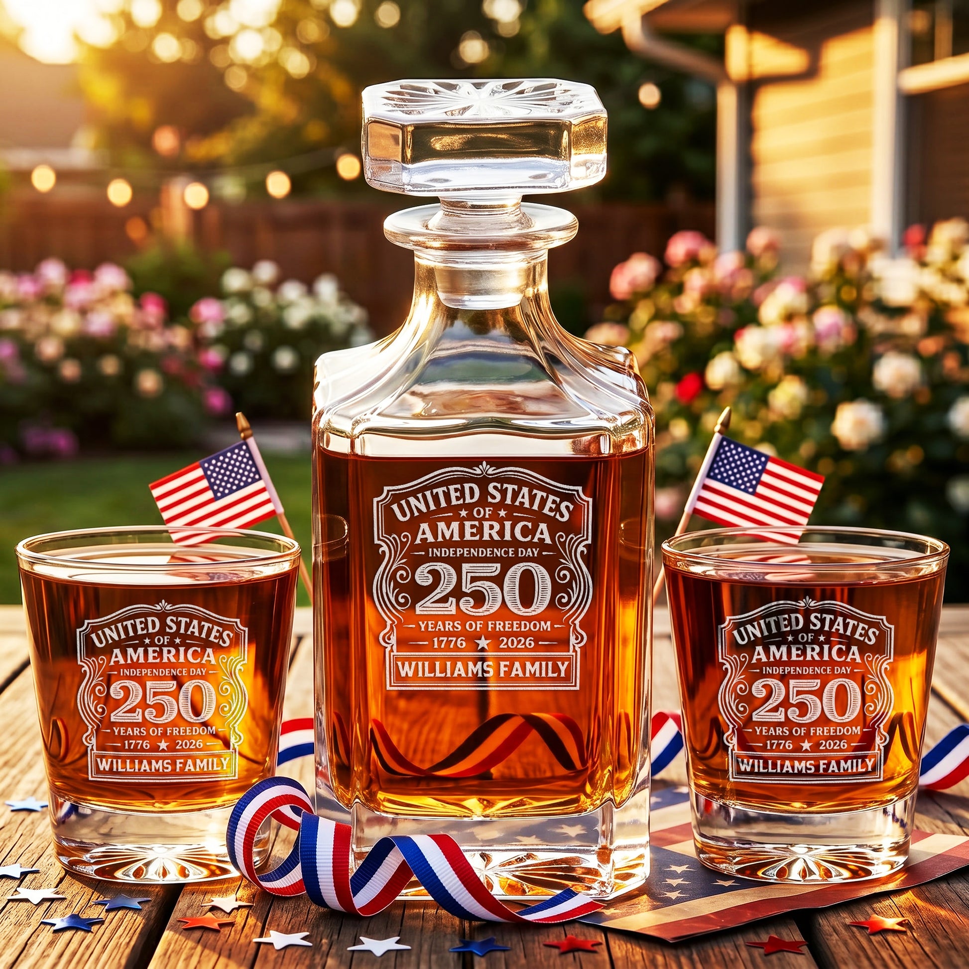 Personalized USA 250th Anniversary Classic Frolk Whiskey Gift Set — Decanter, 4 Glasses, Premium Wooden Box