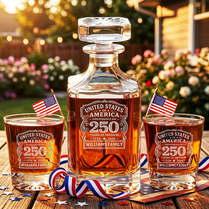 Personalized USA 250th Anniversary Classic Frolk Whiskey Gift Set — Decanter, 4 Glasses, Premium Wooden Box