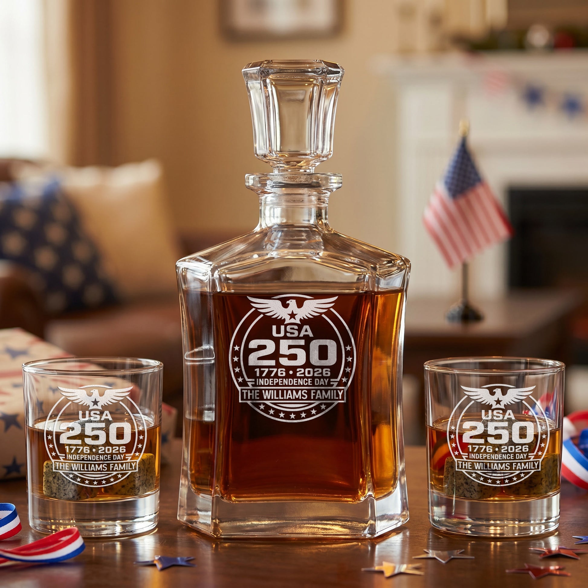Personalized USA 250th Anniversary Old Fashioned Frolk Whiskey Gift Set — Decanter, 2 Glasses, Premium Wooden Box