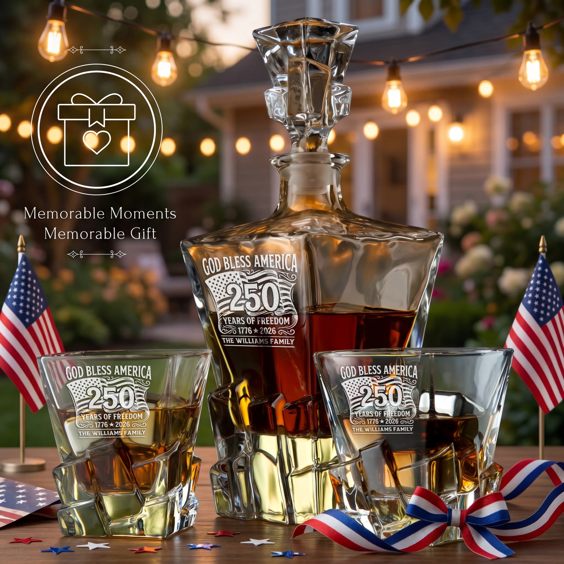 Personalized USA 250th Anniversary Stone Cut Frolk Whiskey Gift Set — Decanter, 2 Glasses, Premium Wooden Box