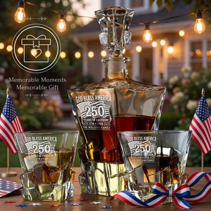 Personalized USA 250th Anniversary Stone Cut Frolk Whiskey Gift Set — Decanter, 2 Glasses, Premium Wooden Box