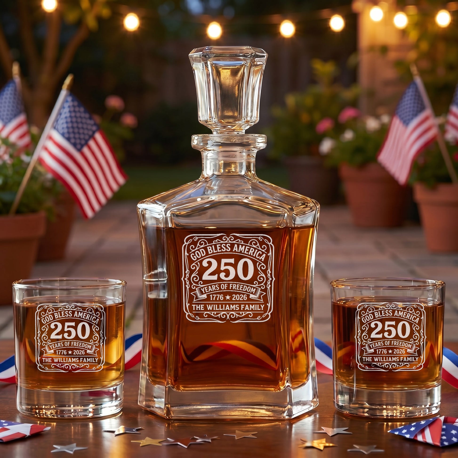 Personalized USA 250th Anniversary Old Fashioned Frolk Whiskey Gift Set — Decanter, 4 Glasses, Premium Wooden Box