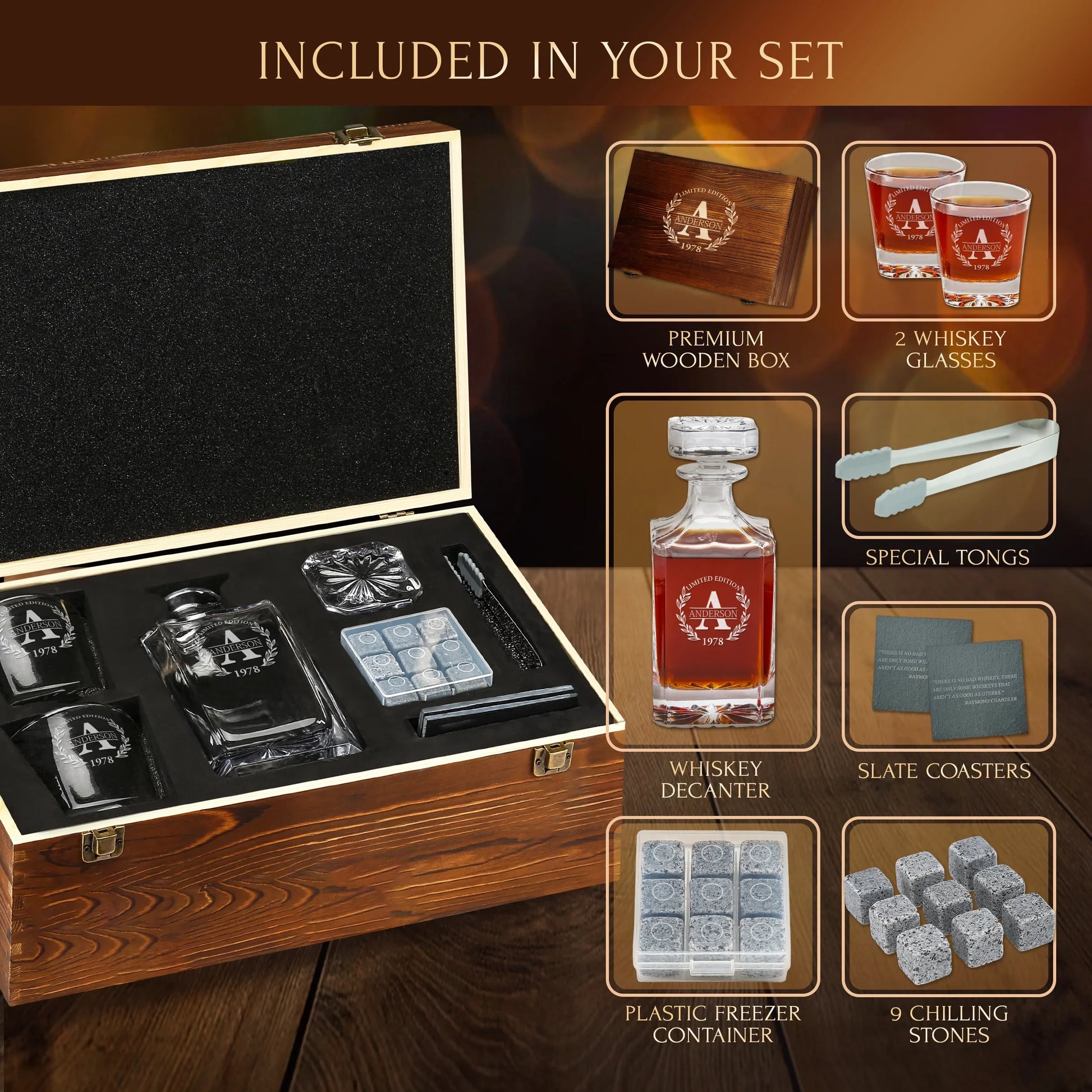 Classic Frolk Whiskey Gift Set — Decanter, 2 Glasses, Premium Wooden Box