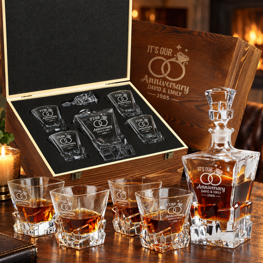 Personalized anniversary Rocks decanter and four glasses in a wooden gift box