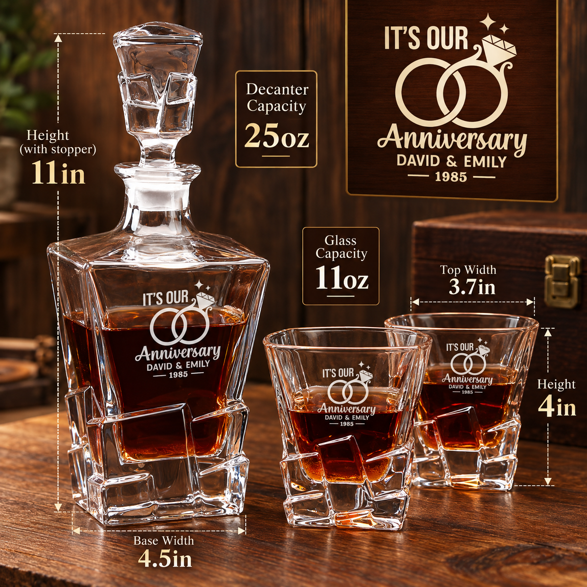 Anniversary Gift – Rocks Decanter Set with 4 Glasses & Wooden Box product image