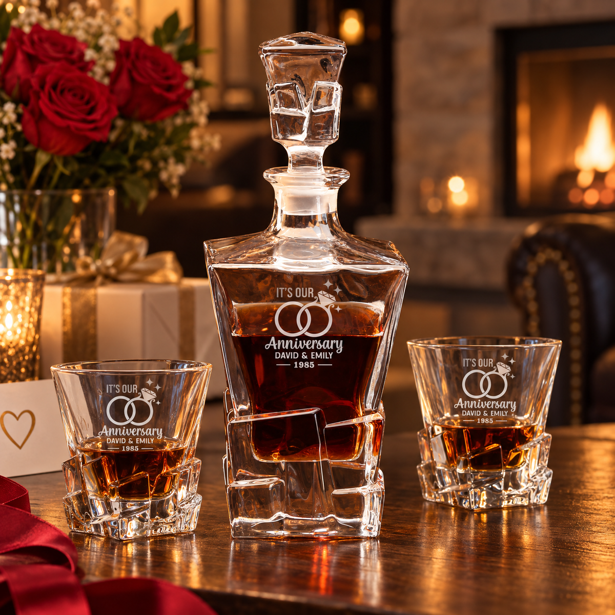 Anniversary Gift – Rocks Decanter Set with 4 Glasses & Wooden Box product image