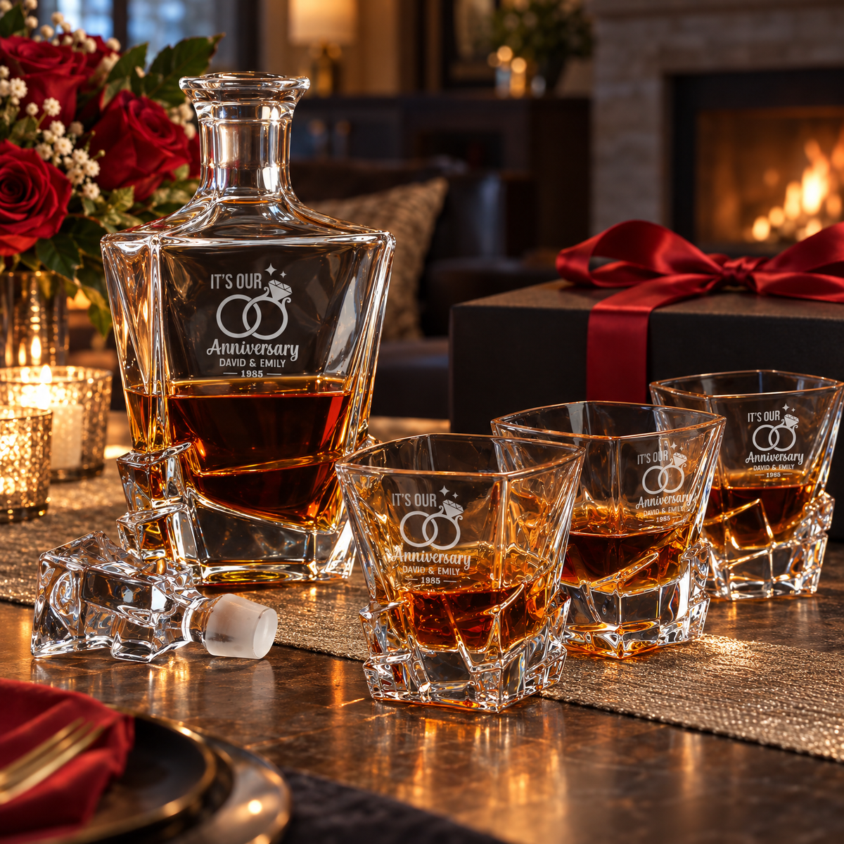 Anniversary Gift – Rocks Decanter Set with 4 Glasses & Wooden Box product image