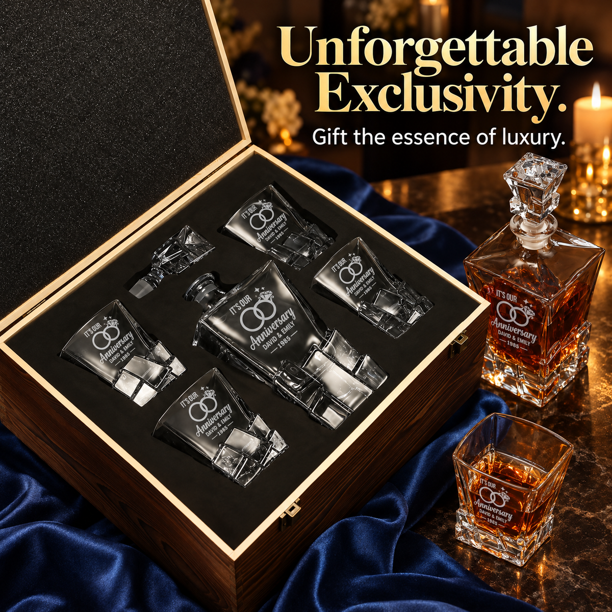 Anniversary Gift – Rocks Decanter Set with 4 Glasses & Wooden Box product image