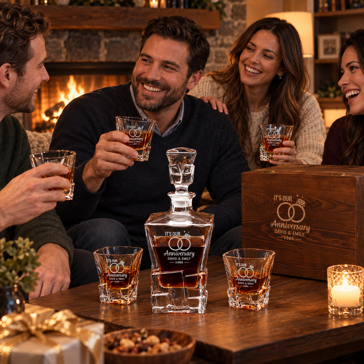 Anniversary Gift – Rocks Decanter Set with 4 Glasses & Wooden Box product image