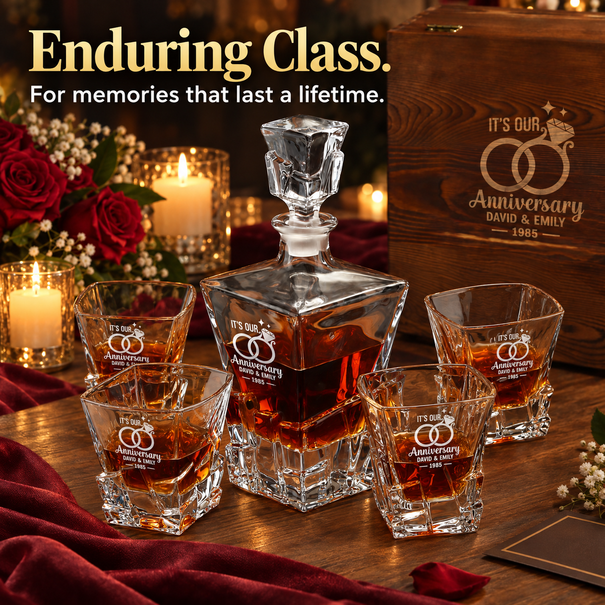 Anniversary Gift – Rocks Decanter Set with 4 Glasses & Wooden Box product image