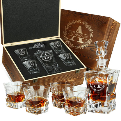 Stone Cut Frolk Whiskey Gift Set — Decanter, 4 Glasses, Premium Wooden Box