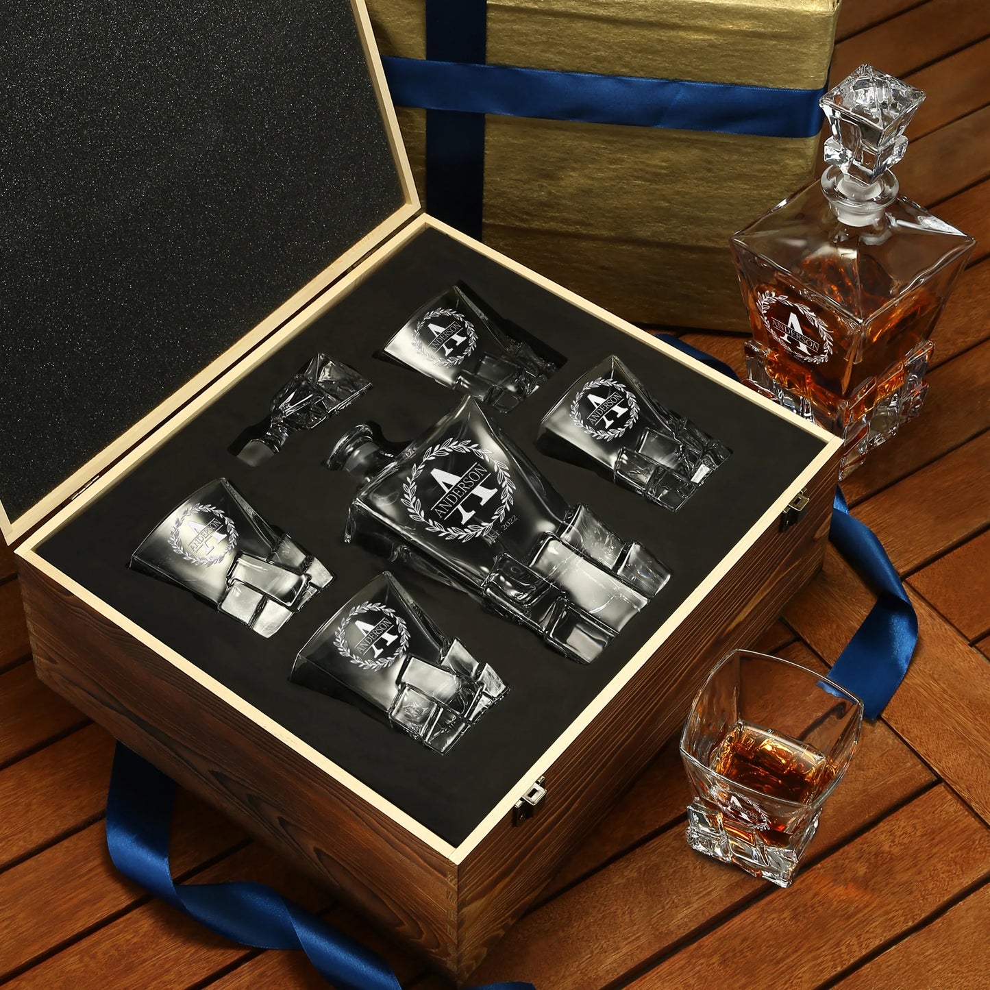 Stone Cut Frolk Whiskey Gift Set — Decanter, 4 Glasses, Premium Wooden Box product image