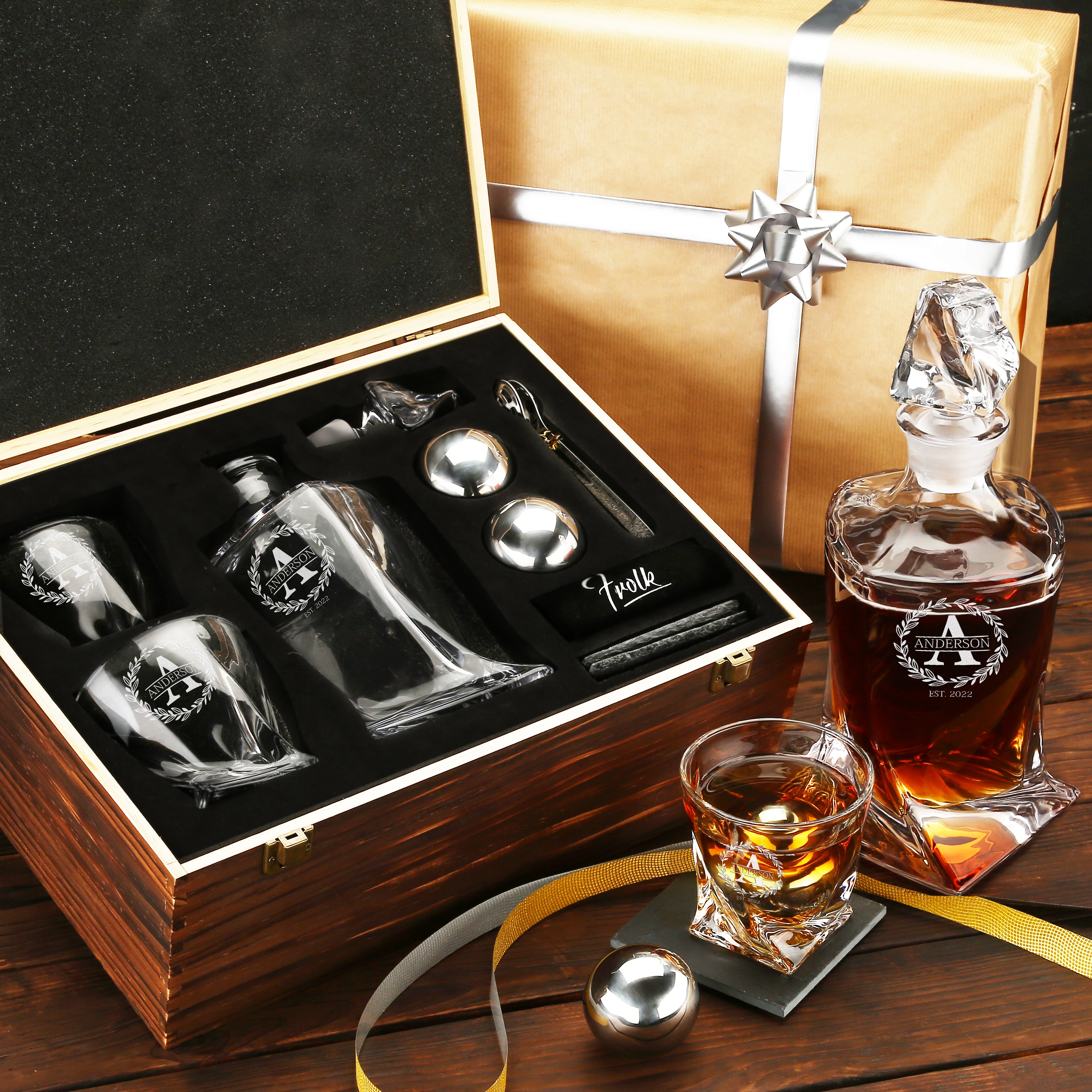 Frolk Personalized Whiskey Decanter & XL Balls Gift Set for Men