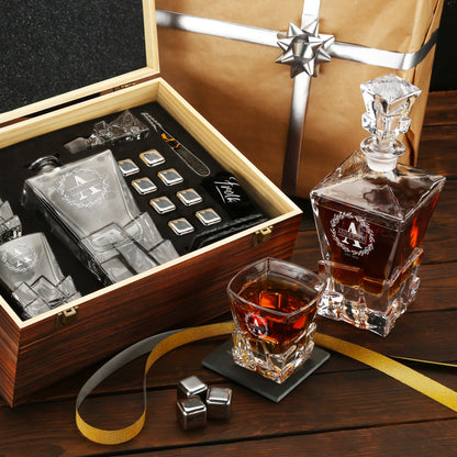 Stone Cut Frolk Whiskey Gift Set — Decanter, 2 Glasses, Premium Wooden Box