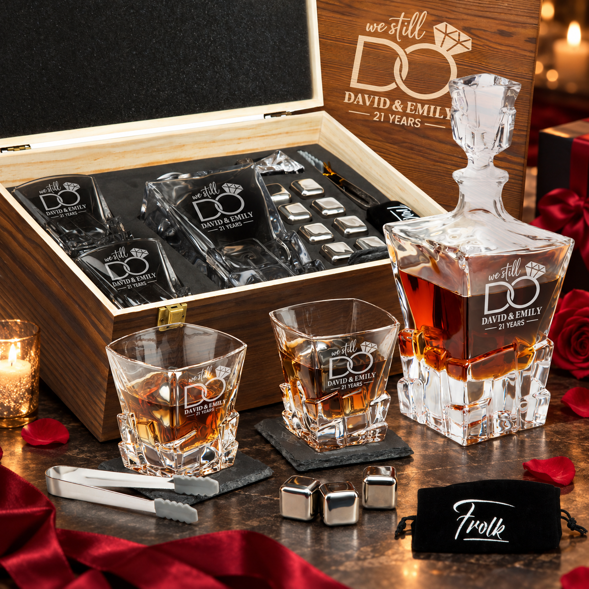 Anniversary Gift – Rocks Decanter Set with 2 Glasses, 8 Whiskey Cubes & Wooden Box – image 01