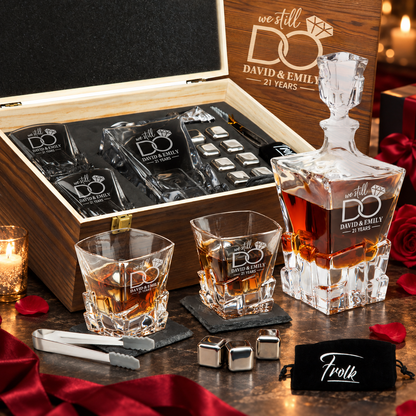 Anniversary Gift – Rocks Decanter Set with 2 Glasses, 8 Whiskey Cubes & Wooden Box – image 01