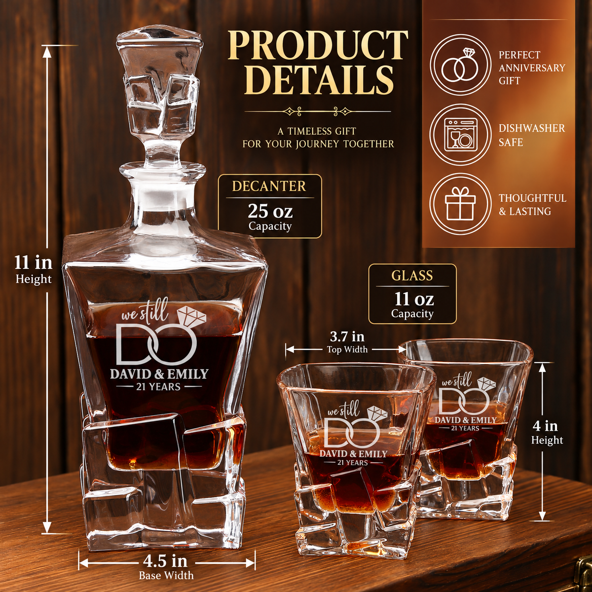 Anniversary Gift – Rocks Decanter Set with 2 Glasses, 8 Whiskey Cubes & Wooden Box product image