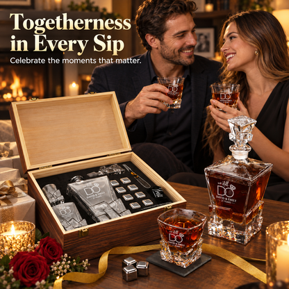 Anniversary Gift – Rocks Decanter Set with 2 Glasses, 8 Whiskey Cubes & Wooden Box – image 03