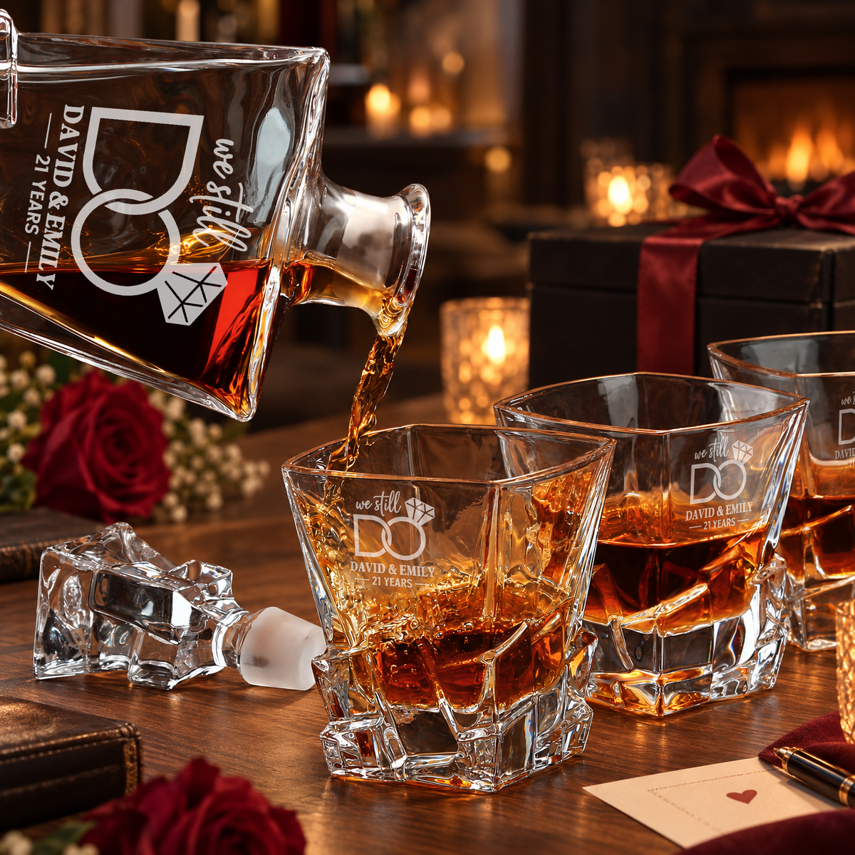 Anniversary Gift – Rocks Decanter Set with 2 Glasses, 8 Whiskey Cubes & Wooden Box – image 04