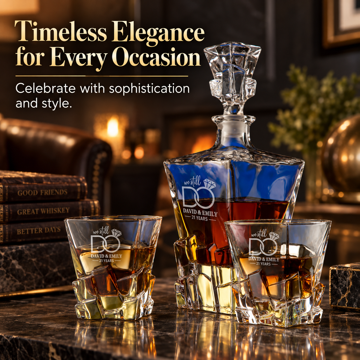 Anniversary Gift – Rocks Decanter Set with 2 Glasses, 8 Whiskey Cubes & Wooden Box product image