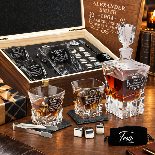 Birthday Gift – Rocks Decanter Set with 2 Glasses, 8 Whiskey Cubes & Wooden Box – image 01