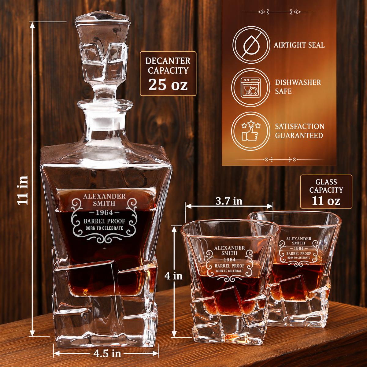 Birthday Gift – Rocks Decanter Set with 2 Glasses, 8 Whiskey Cubes & Wooden Box – image 02