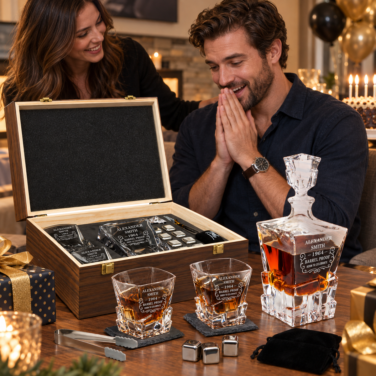 Birthday Gift – Rocks Decanter Set with 2 Glasses, 8 Whiskey Cubes & Wooden Box – image 13