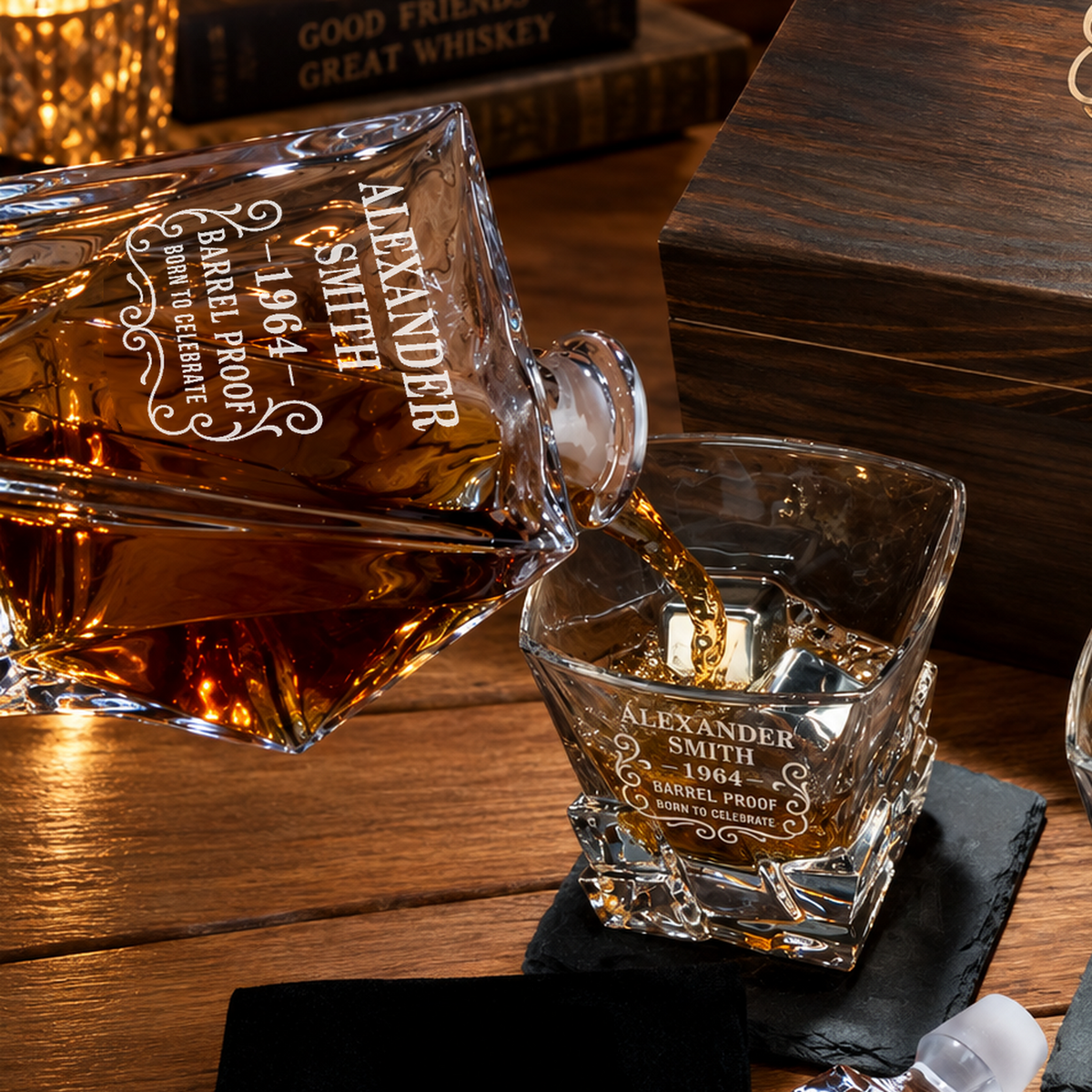 Birthday Gift – Rocks Decanter Set with 2 Glasses, 8 Whiskey Cubes & Wooden Box – image 18